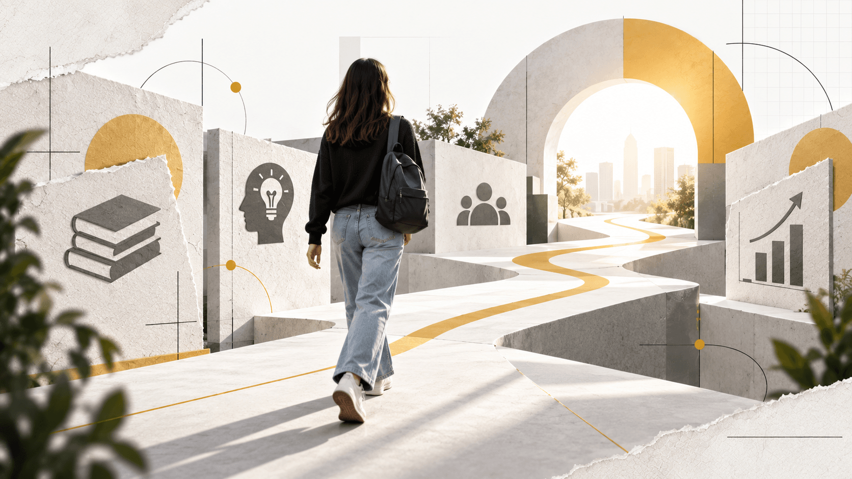 Joven avanzando por un itinerario educativo y profesional de marketing, con geometría editorial en blanco, gris y dorado