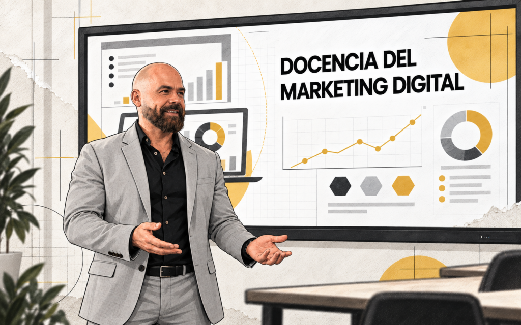 David González Nieto impartiendo una formación sobre docencia del marketing digital ante una pantalla con gráficos