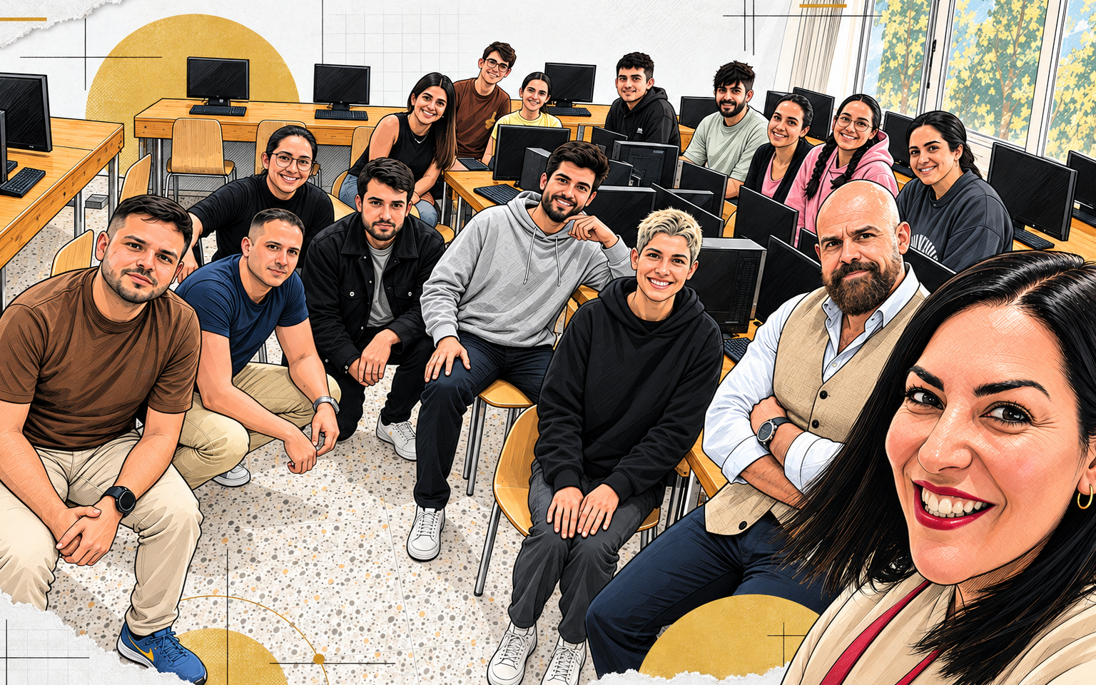Ilustración de Selva Orejón, David González Nieto y el alumnado del Máster en Contenidos Digitales durante una sesión sobre reputación digital
