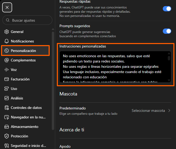 Instrucciones personalizadas: ubicación en la interfaz de ChatGPT