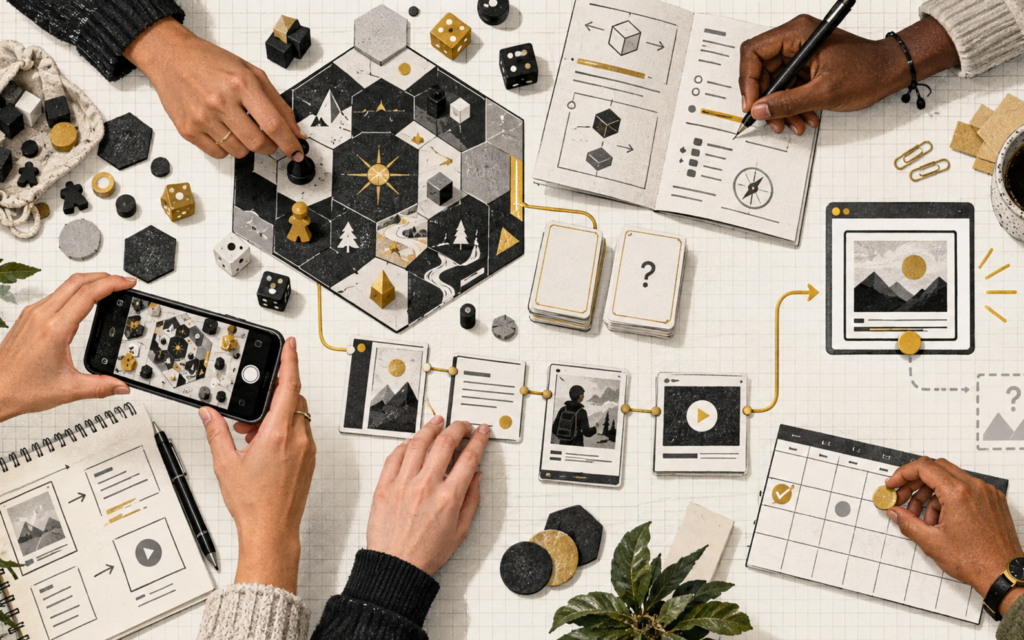 Vista cenital de un prototipo de juego de mesa conectado con tareas de estrategia, contenidos y publicación