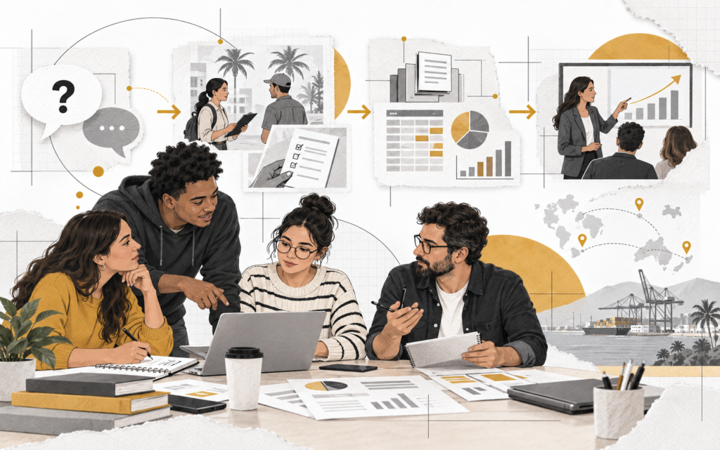 Ilustración del proceso de investigación comercial desde las preguntas hasta el análisis y la decisión