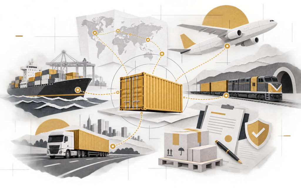 Ilustración conceptual de un sistema logístico multimodal con transporte, documentación, embalaje y seguros