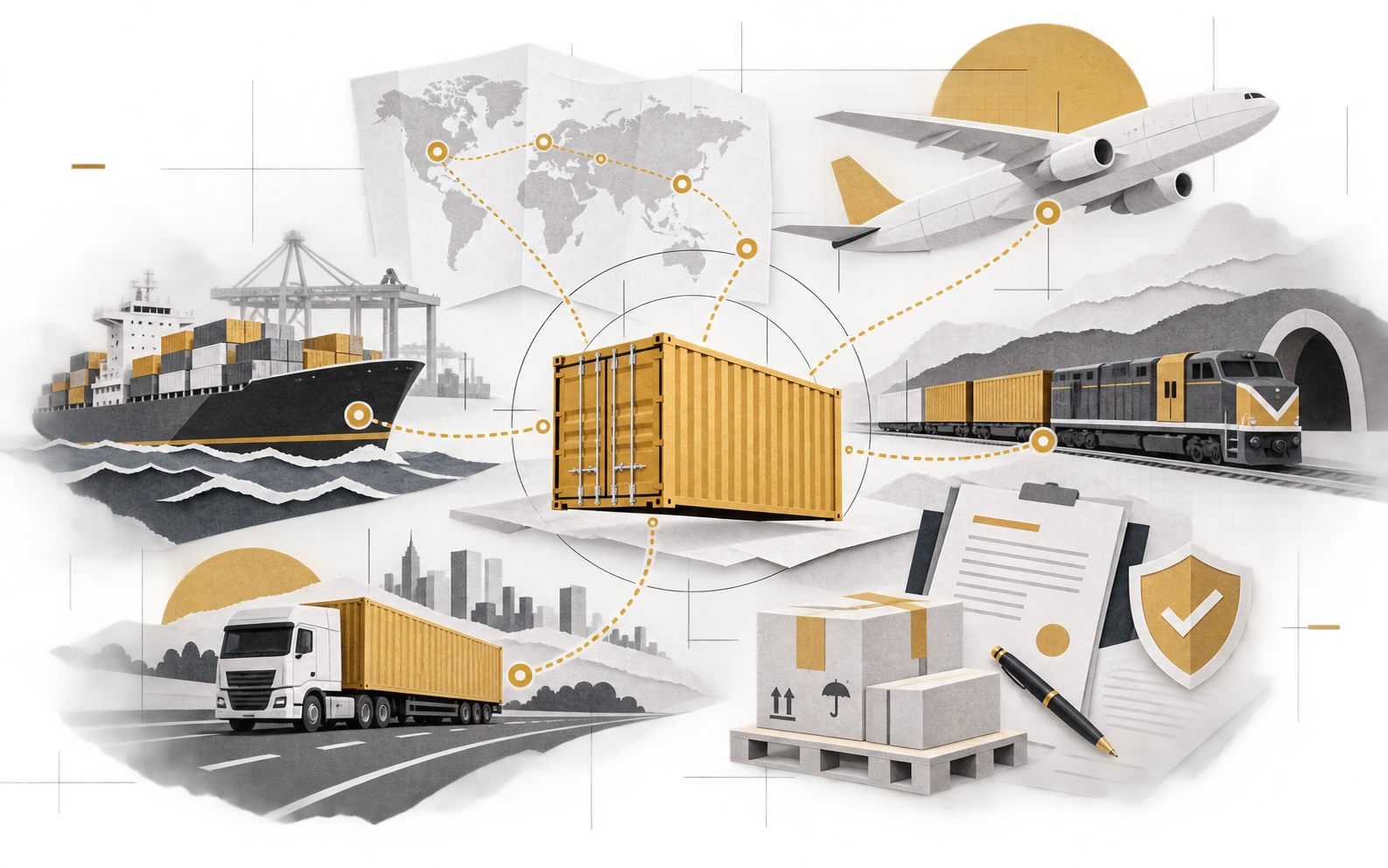 Contenidos teóricos de Transporte Internacional de Mercancías (TRO) Ilustración conceptual de un sistema logístico multimodal con transporte, documentación, embalaje y seguros