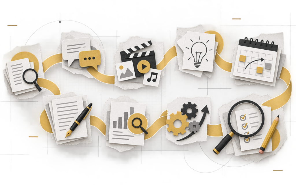 Ilustración de nueve herramientas especializadas conectadas en un proceso profesional de contenidos