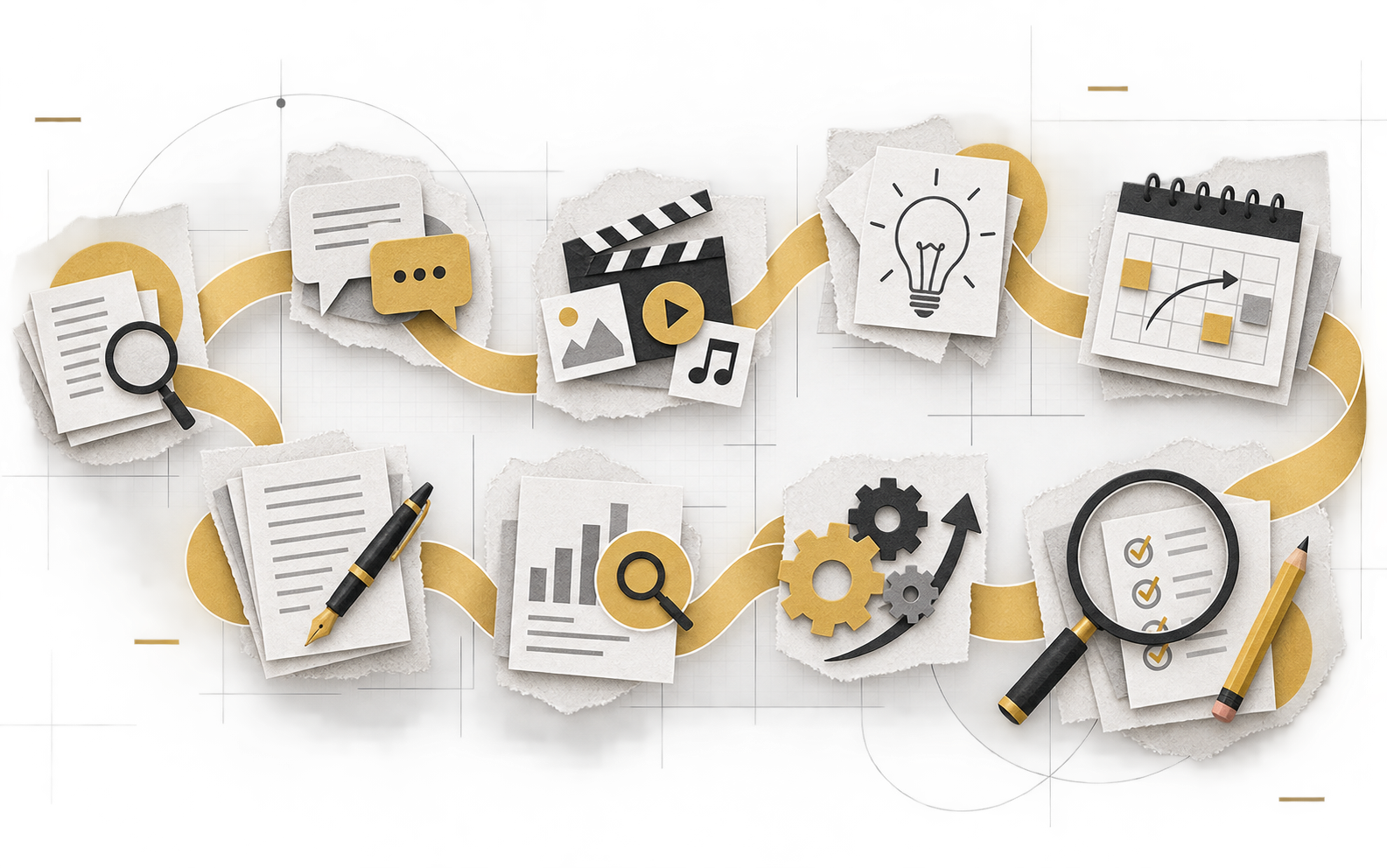 Creación de chatbots educativos personalizados: DavidGPT Ilustración de nueve herramientas especializadas conectadas en un proceso profesional de contenidos