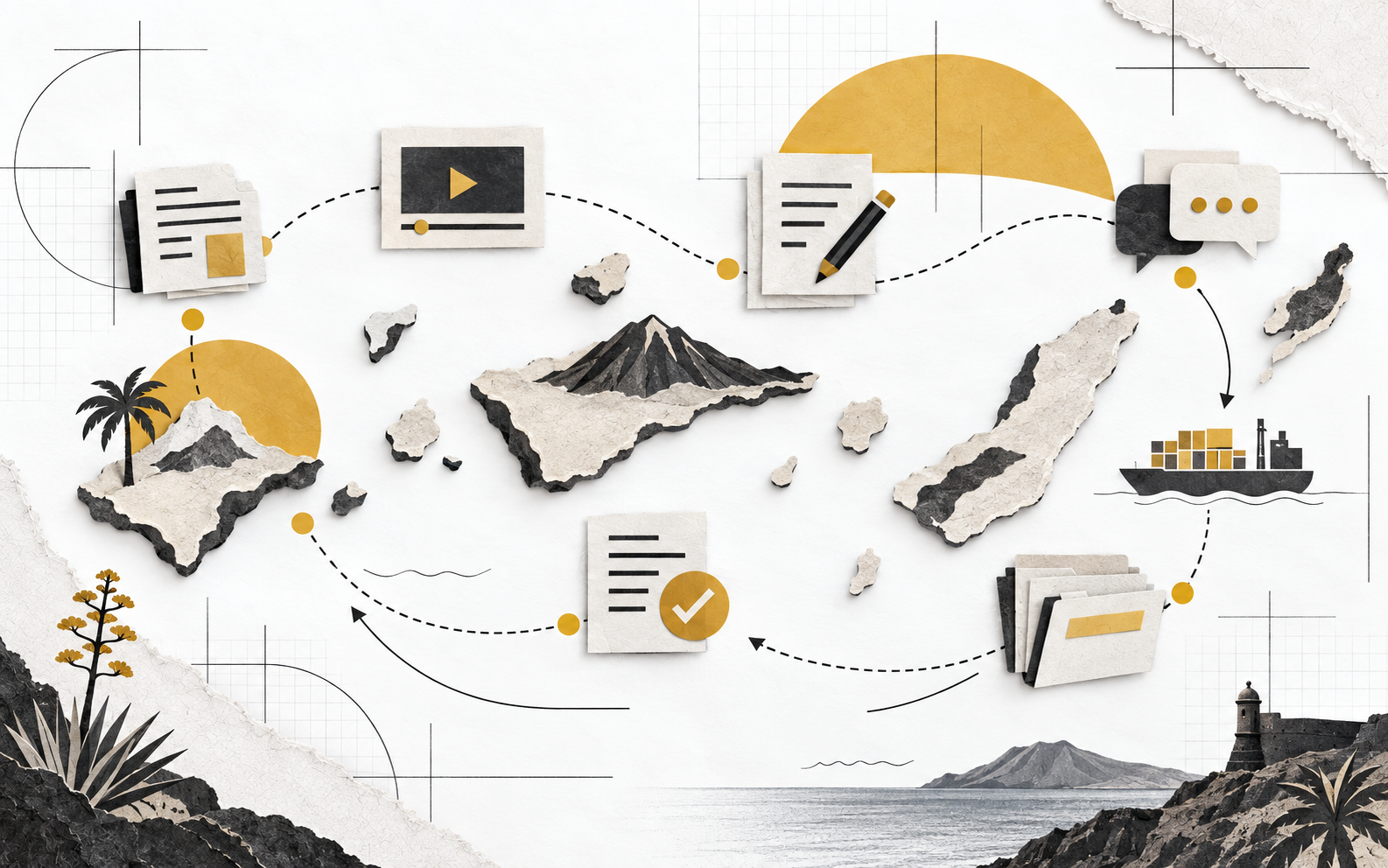 Ilustración de un recorrido modular de Formación Profesional virtual por las islas Canarias