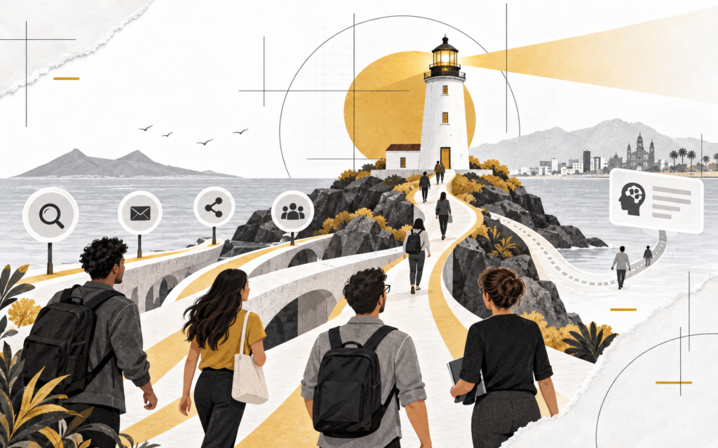 Ilustración de una web como faro conectado con buscadores, boletines, redes y comunidades