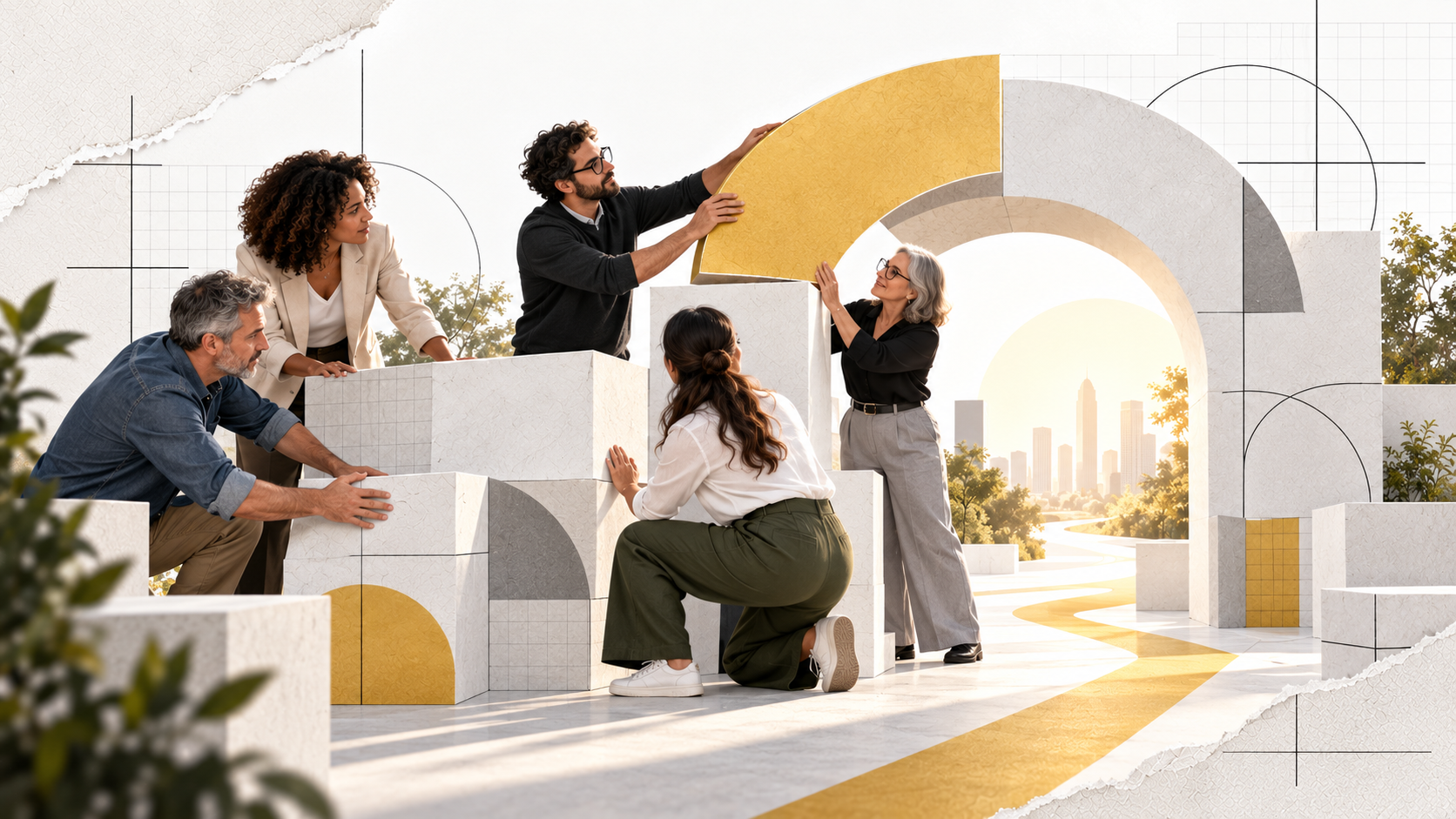 Equipo docente construyendo de forma colaborativa una estructura que simboliza innovación, liderazgo compartido y cambio organizacional