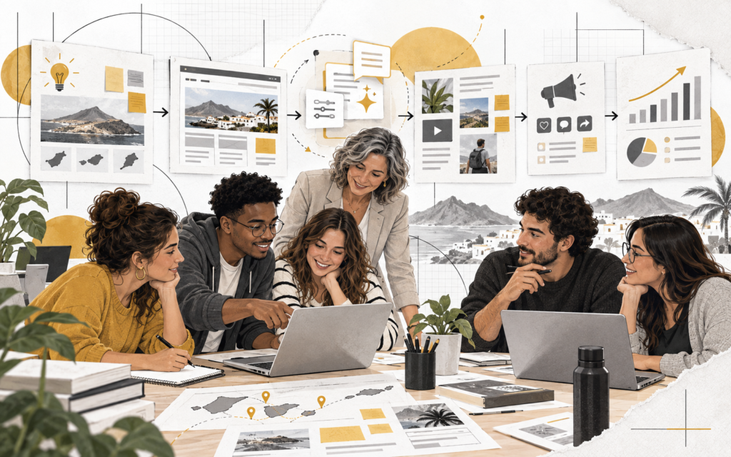 Ilustración de docentes trabajando en equipos sobre proyectos reales de marketing digital