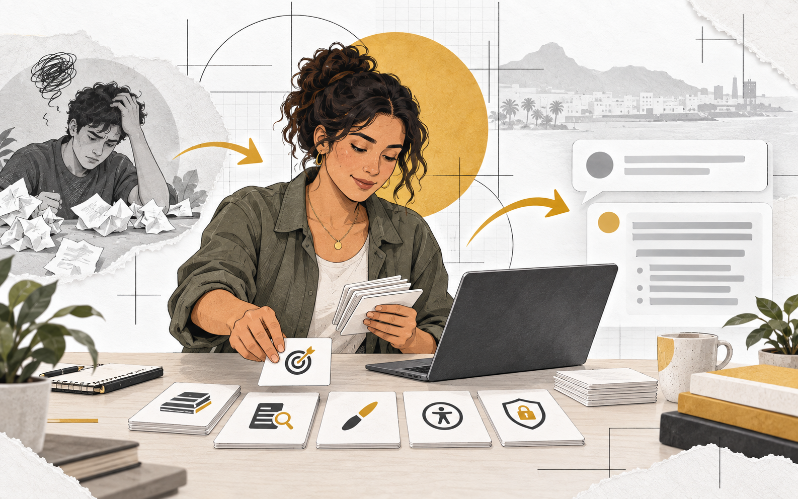 Instrucciones personalizadas para ChatGPT útiles en educación y negocios Ilustración de una persona organizando instrucciones reutilizables de rigor, formato, accesibilidad y privacidad