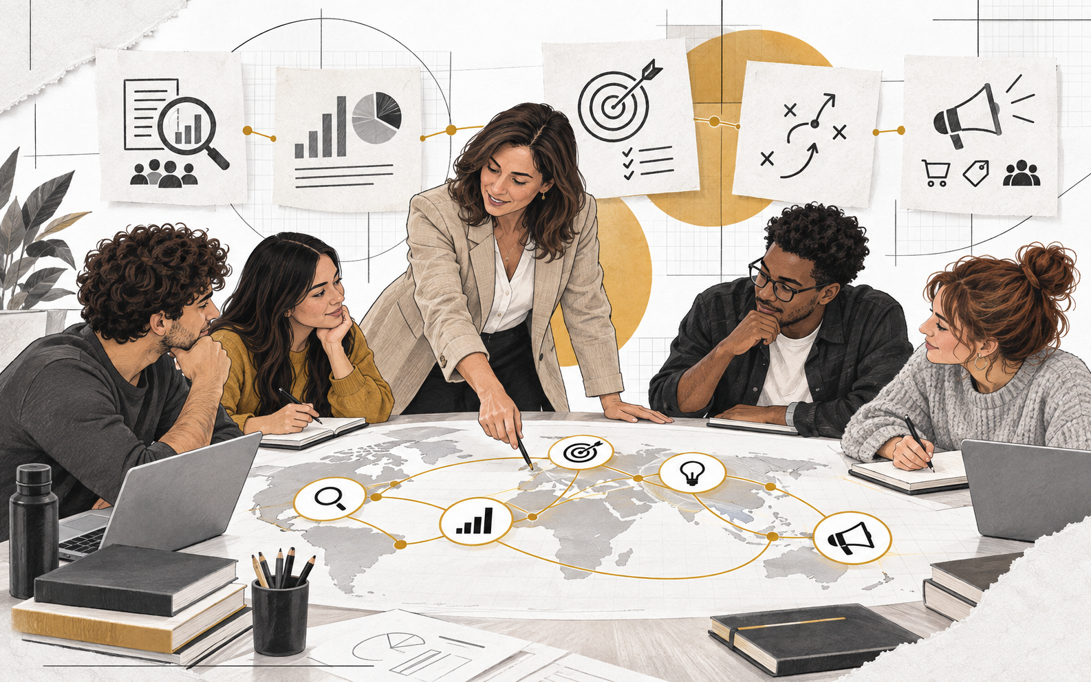 Materiales del curso «Enseñanza del marketing» Ilustración de un mapa integrado de investigación, objetivos, estrategia y marketing mix