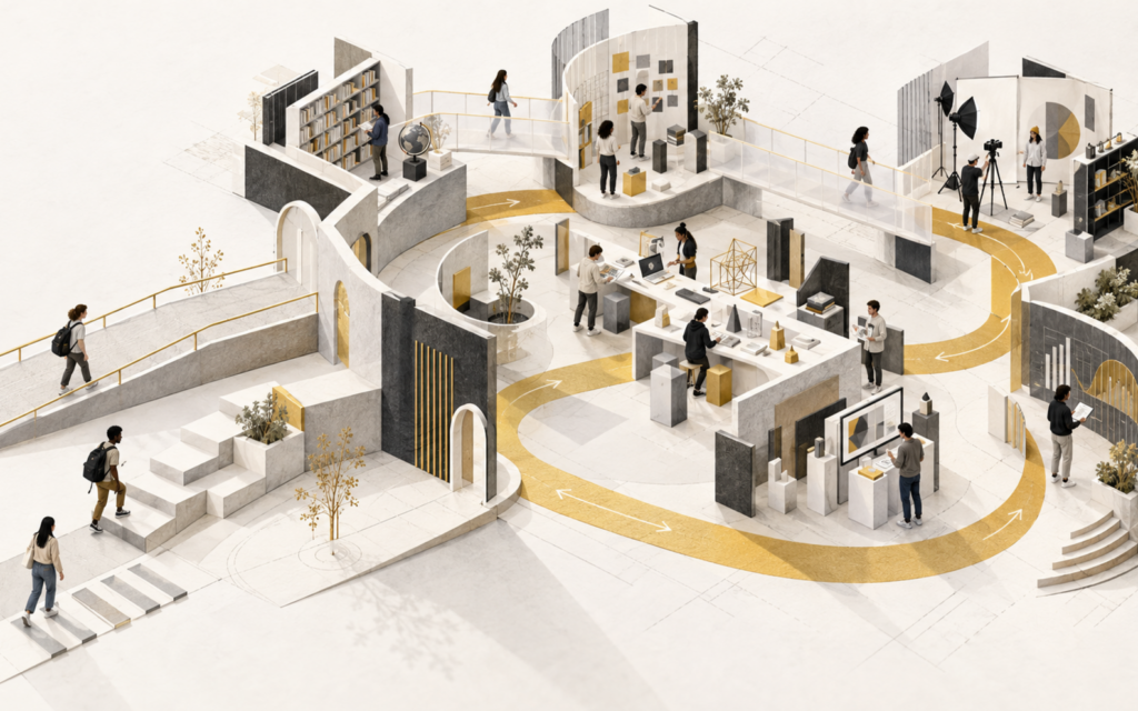 Arquitectura educativa con itinerarios diversos, estaciones profesionales y un ciclo dorado de revisión y mejora