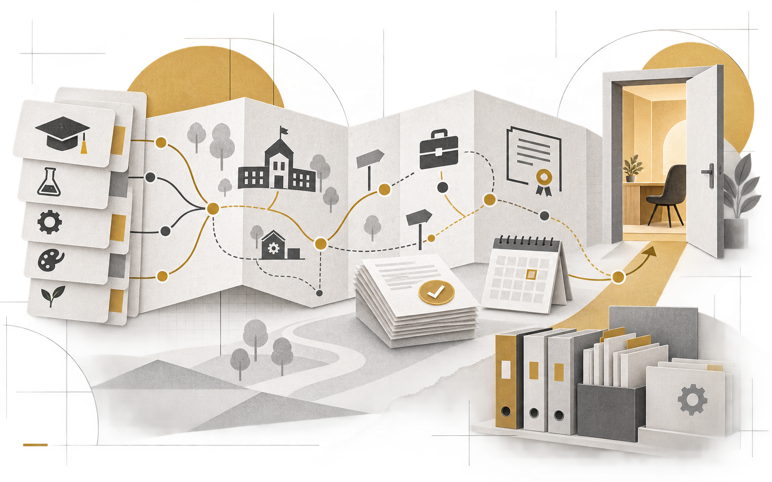Modelo web con inteligencia artificial para la orientación educativa Ilustración conceptual de itinerarios educativos, fuentes verificadas y derivación hacia orientación humana