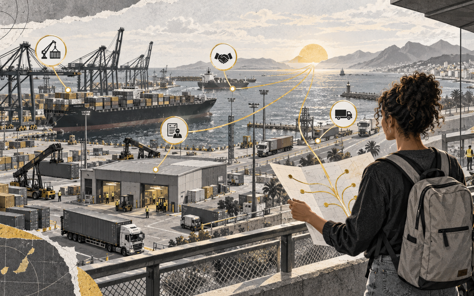 Orientación educativa y profesional para Comercio Internacional Estudiante observando un puerto comercial y relacionando distintas rutas profesionales del comercio internacional