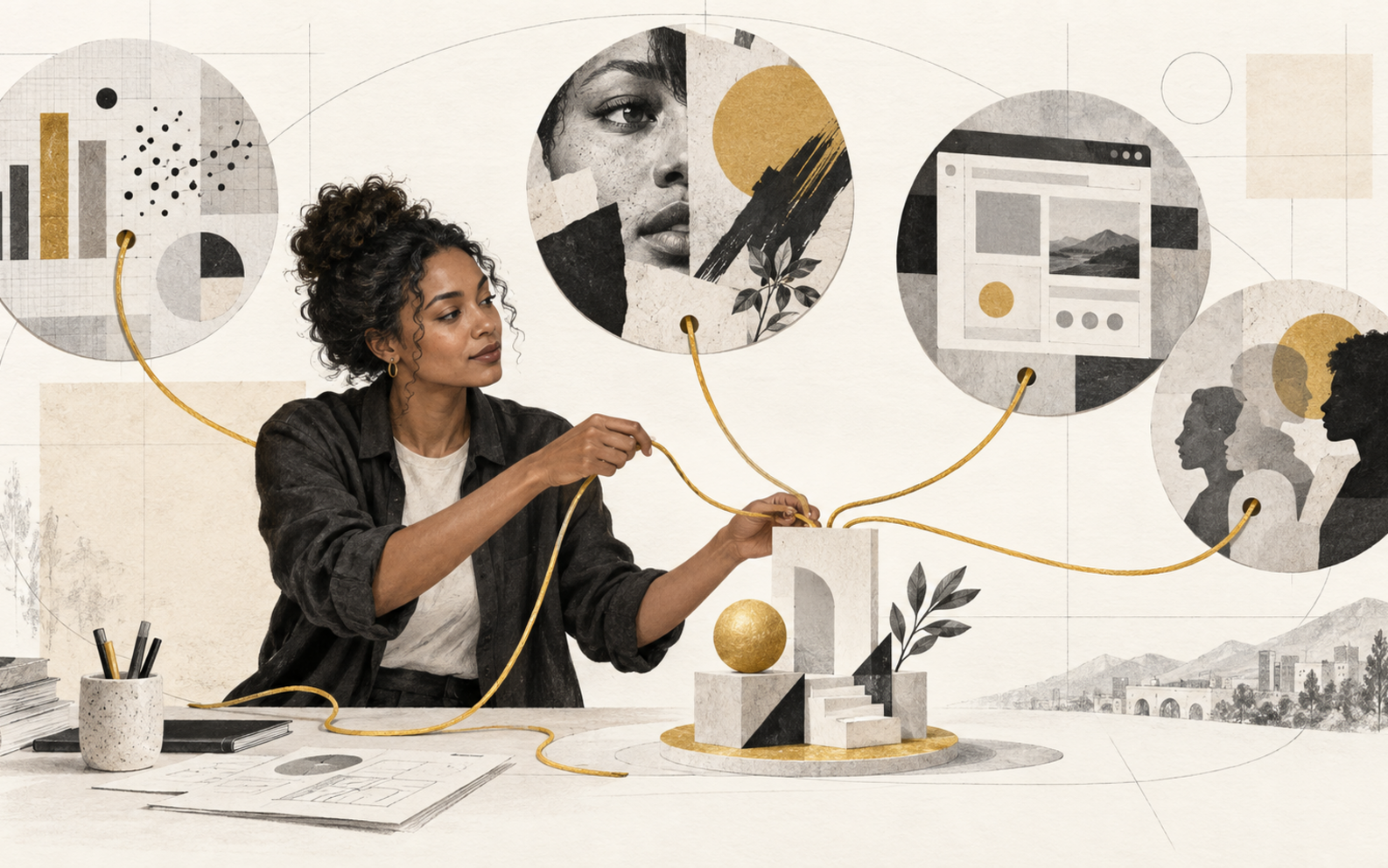 Profesional conectando mediante un hilo dorado datos, creatividad, tecnología y comportamiento humano